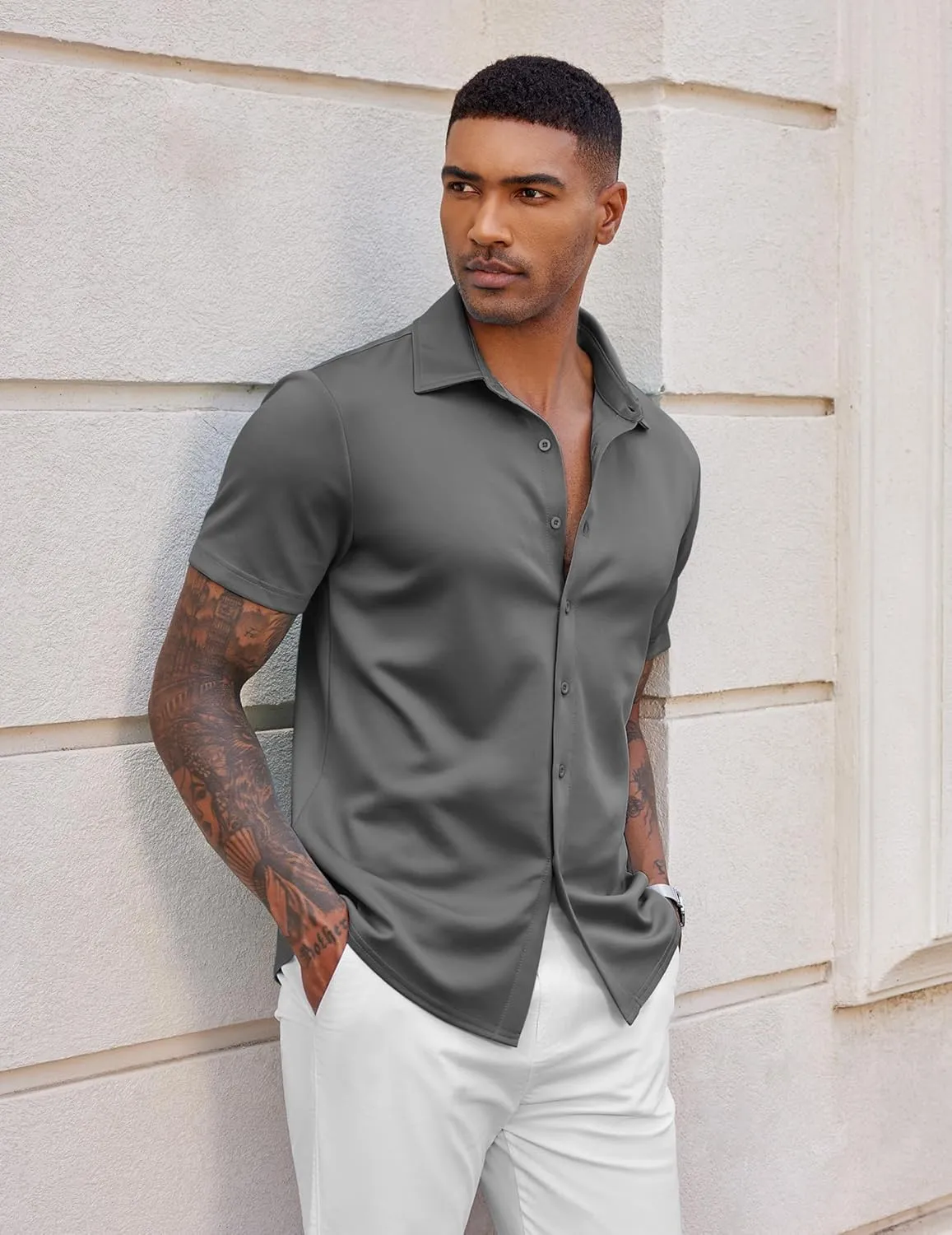 COOFANDY Mens Casual Wrinkle Free Shirts Short Sleeve Button Down Summer Stretch Dress Shirt