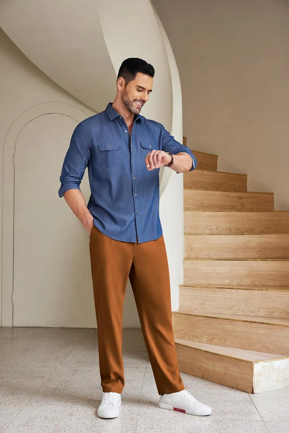 COOFANDY Men's Chino Pants Relaxed Fit Elastic Waist Basic Flat Front Drawstring Casual Pants