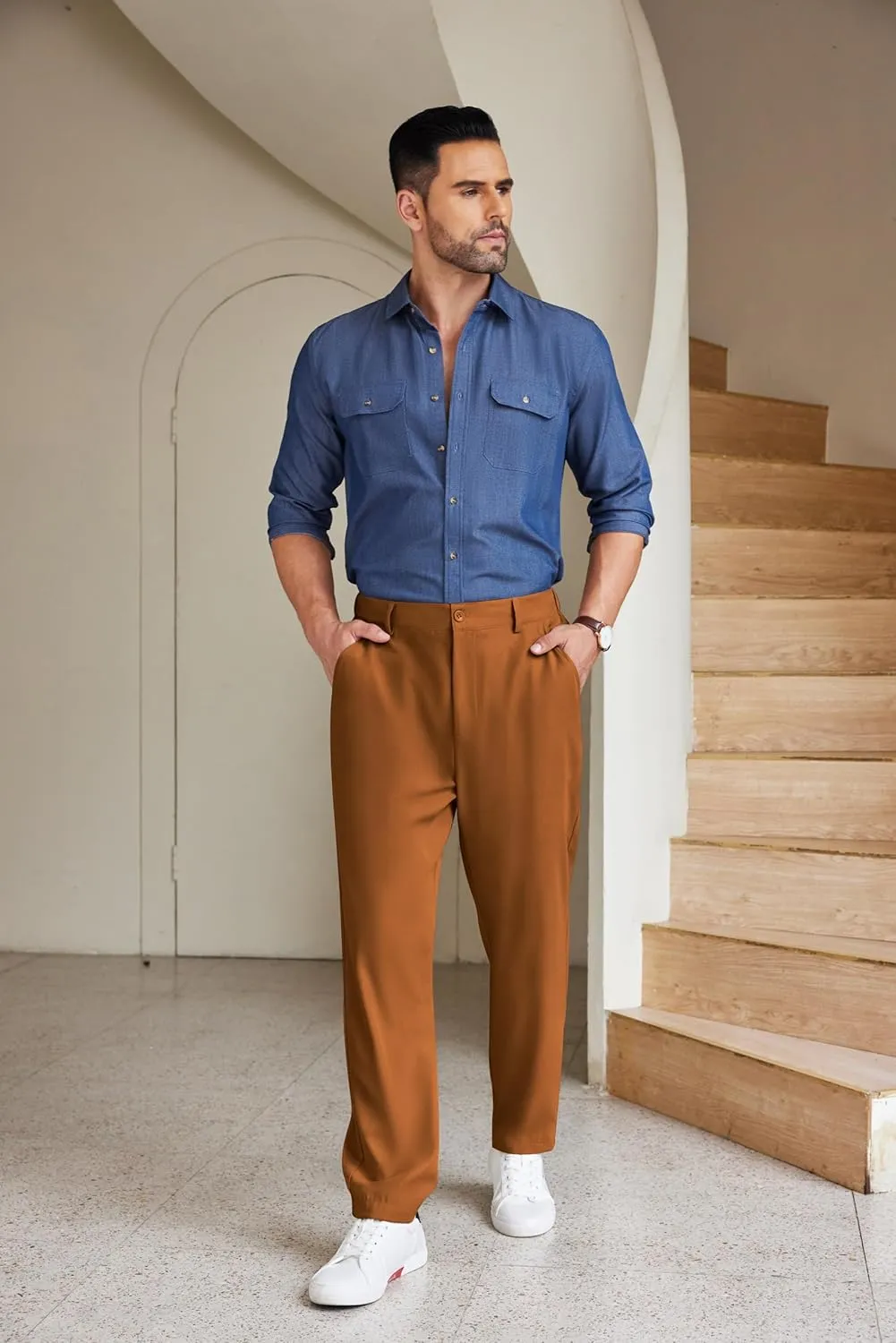 COOFANDY Men's Chino Pants Relaxed Fit Elastic Waist Basic Flat Front Drawstring Casual Pants