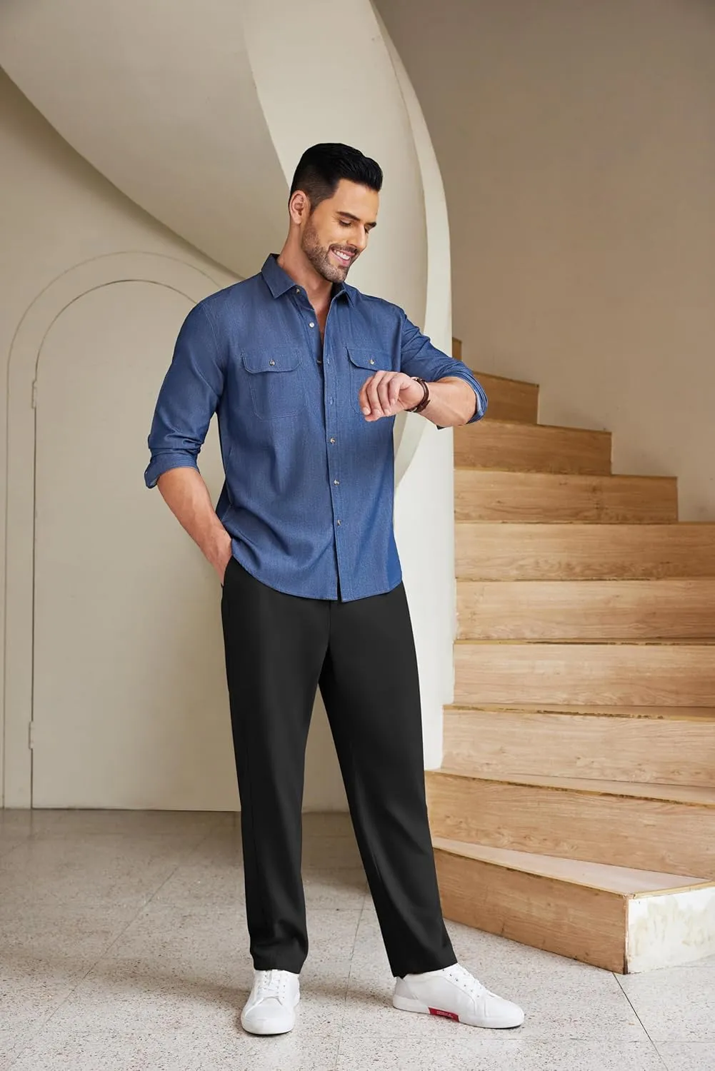 COOFANDY Men's Chino Pants Relaxed Fit Elastic Waist Basic Flat Front Drawstring Casual Pants