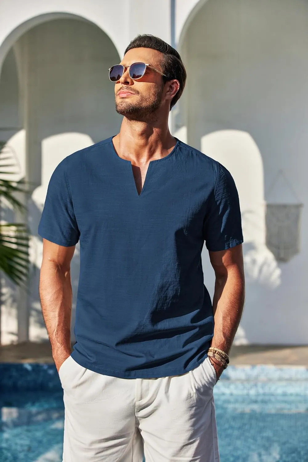 COOFANDY Men's Cotton Linen Henley Shirt Short Sleeve Casual Beach T Shirts V Neck Summer Lightweight Yoga