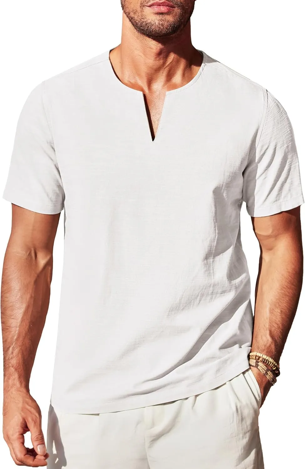 COOFANDY Men's Cotton Linen Henley Shirt Short Sleeve Casual Beach T Shirts V Neck Summer Lightweight Yoga