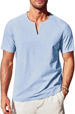 COOFANDY Men's Cotton Linen Henley Shirt Short Sleeve Casual Beach T Shirts V Neck Summer Lightweight Yoga