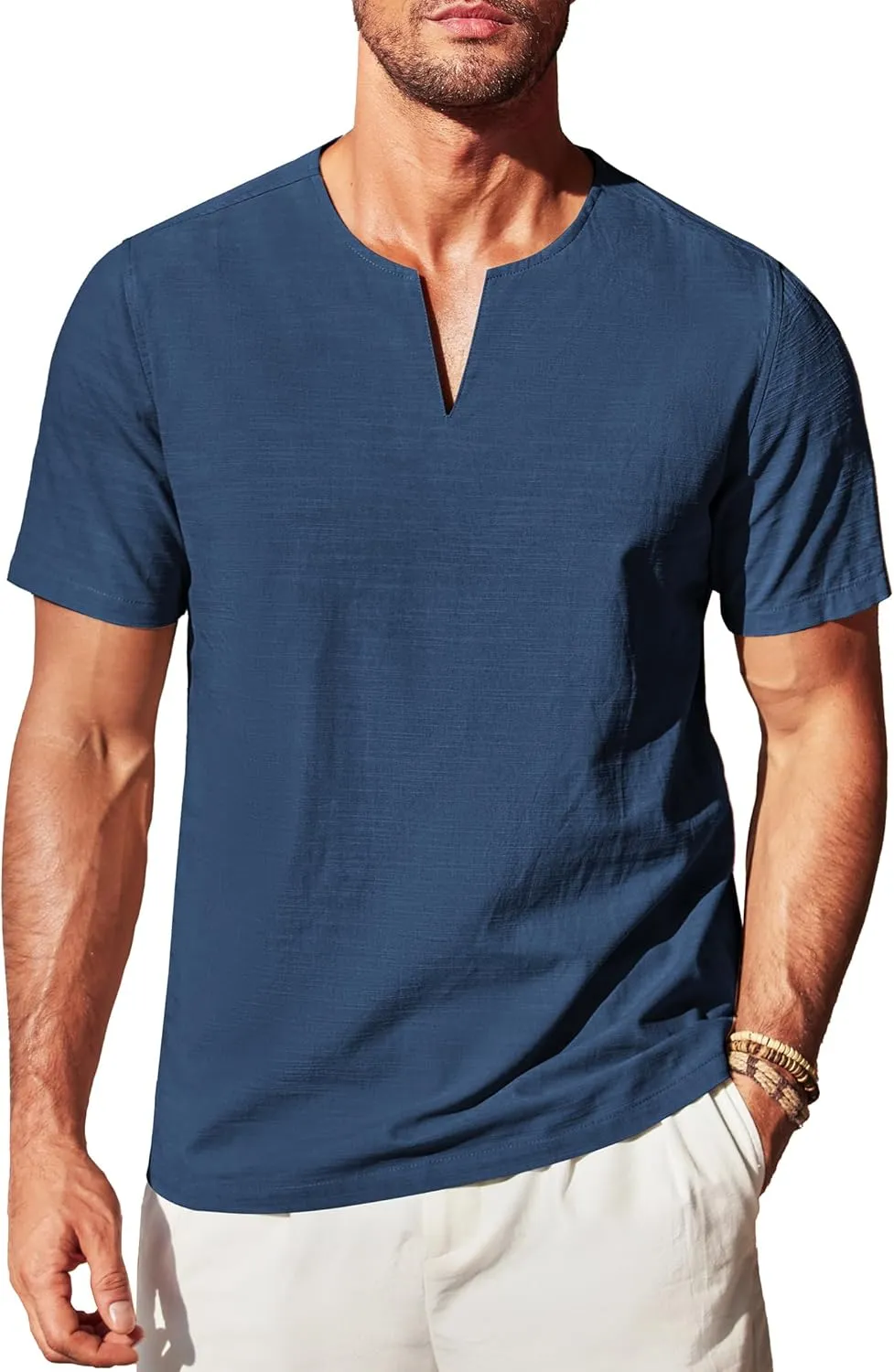 COOFANDY Men's Cotton Linen Henley Shirt Short Sleeve Casual Beach T Shirts V Neck Summer Lightweight Yoga