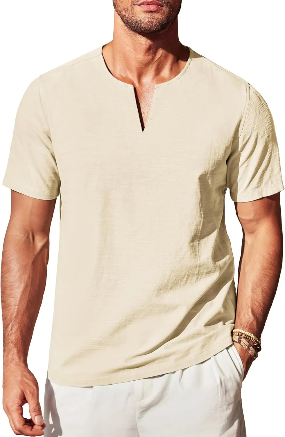 COOFANDY Men's Cotton Linen Henley Shirt Short Sleeve Casual Beach T Shirts V Neck Summer Lightweight Yoga