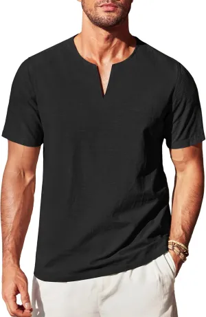 COOFANDY Men's Cotton Linen Henley Shirt Short Sleeve Casual Beach T Shirts V Neck Summer Lightweight Yoga