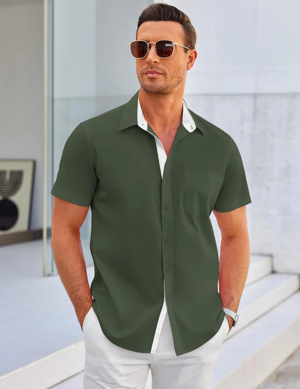 COOFANDY Men's Dress Shirt Wrinkle Free Regular Fit Stretch Short Sleeve Button Down Shirts
