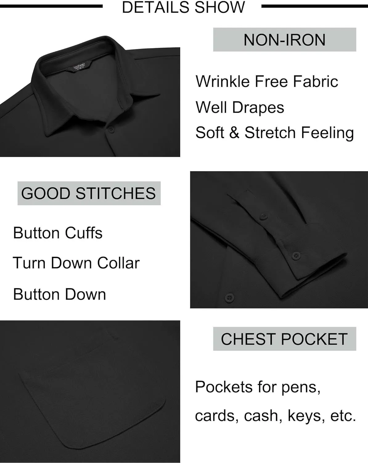 COOFANDY Mens Long Sleeve Button Down Shirts Wrinkle Free Untucked Shirts Casual Dress Shirt for Men