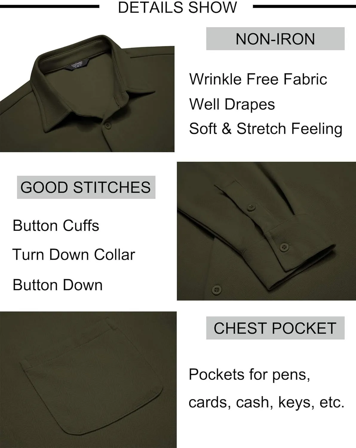 COOFANDY Mens Long Sleeve Button Down Shirts Wrinkle Free Untucked Shirts Casual Dress Shirt for Men
