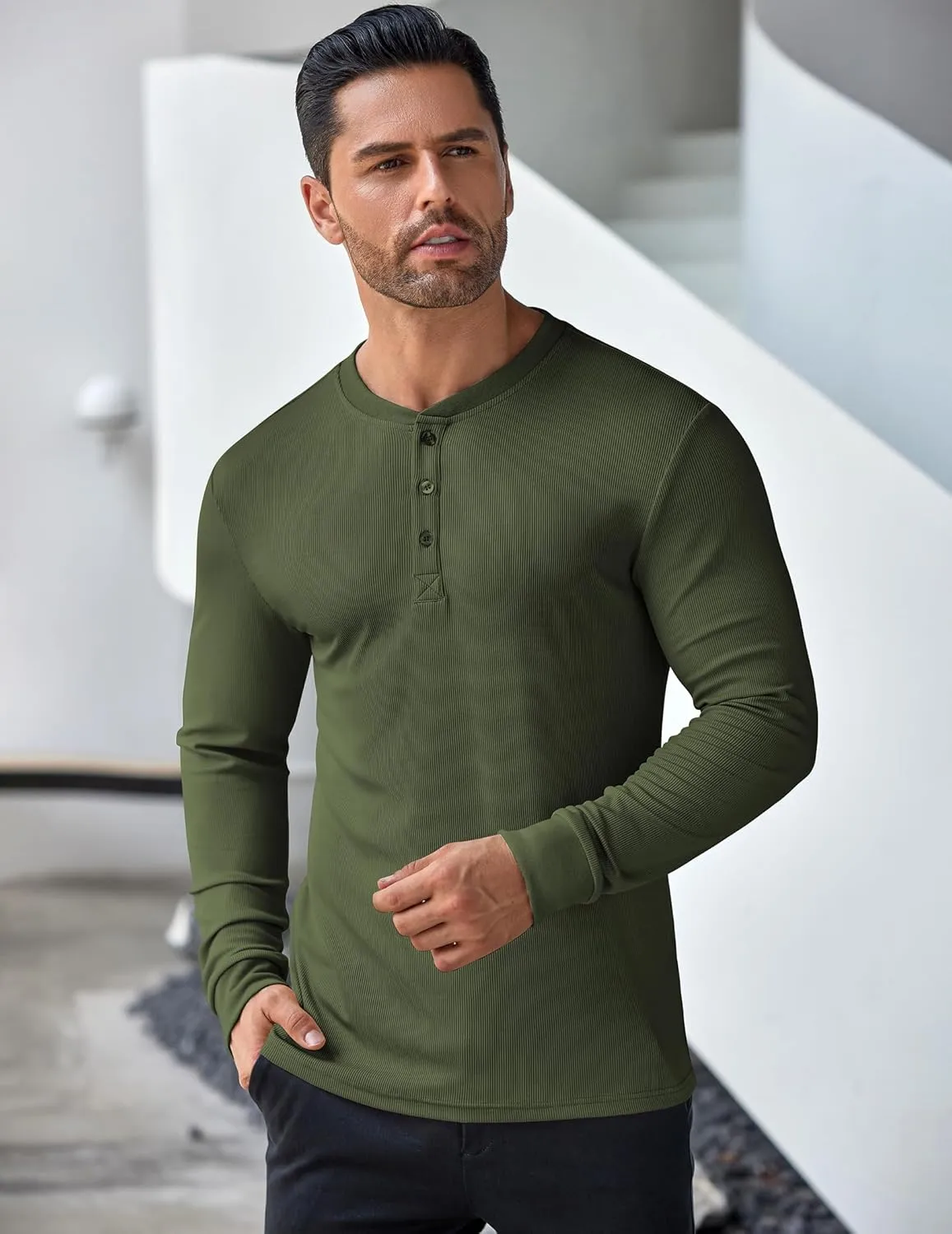 COOFANDY Men's Long Sleeve Henley Shirts Stretch Ribbed T-Shirts Fashion Casual Basic Tops