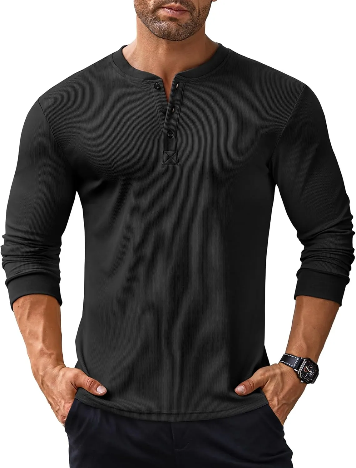COOFANDY Men's Long Sleeve Henley Shirts Stretch Ribbed T-Shirts Fashion Casual Basic Tops