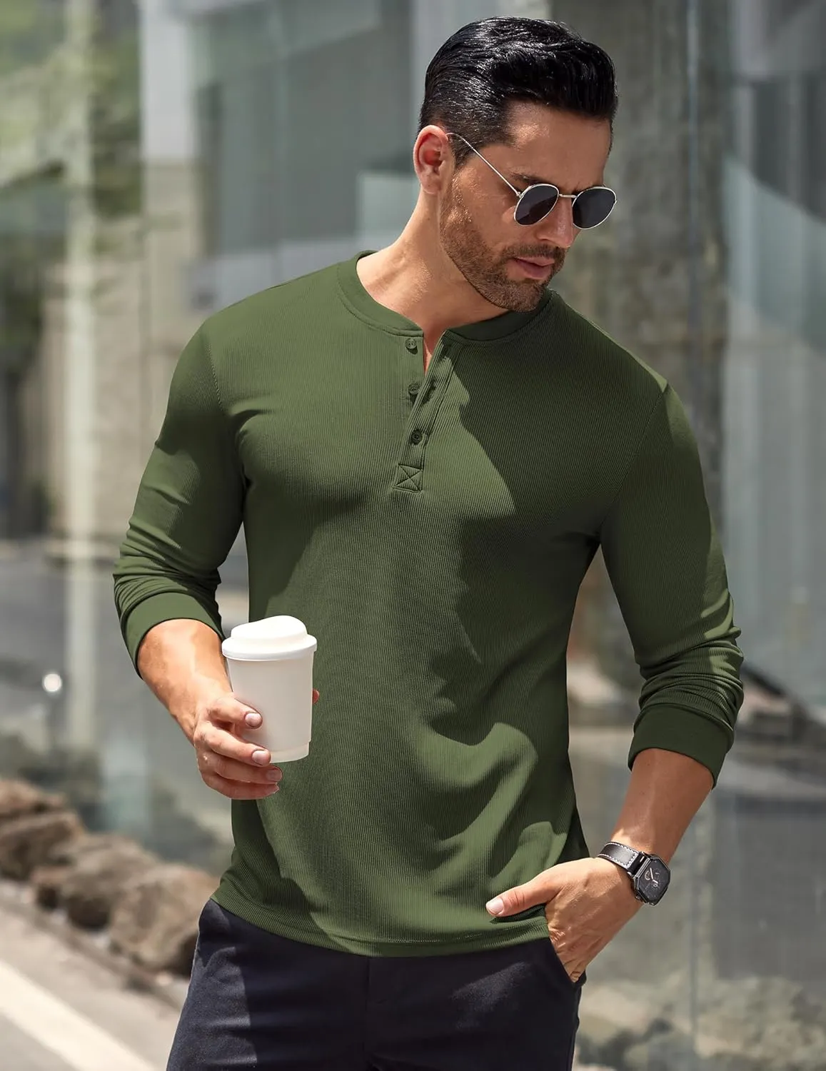COOFANDY Men's Long Sleeve Henley Shirts Stretch Ribbed T-Shirts Fashion Casual Basic Tops