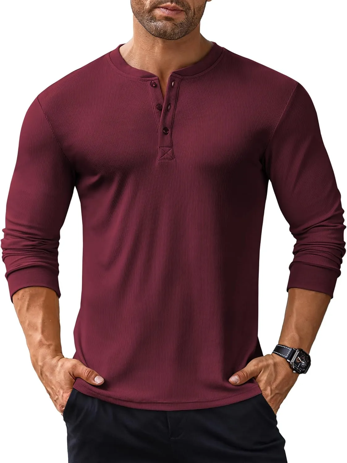 COOFANDY Men's Long Sleeve Henley Shirts Stretch Ribbed T-Shirts Fashion Casual Basic Tops