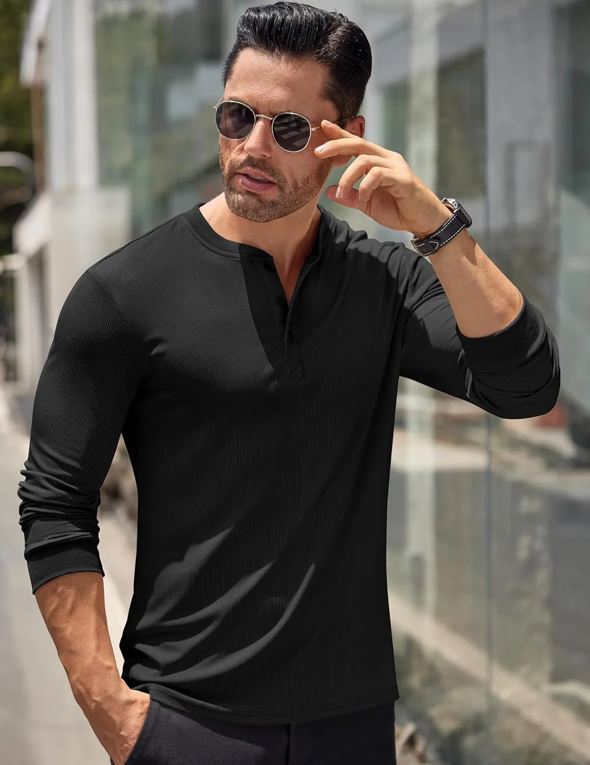 COOFANDY Men's Long Sleeve Henley Shirts Stretch Ribbed T-Shirts Fashion Casual Basic Tops