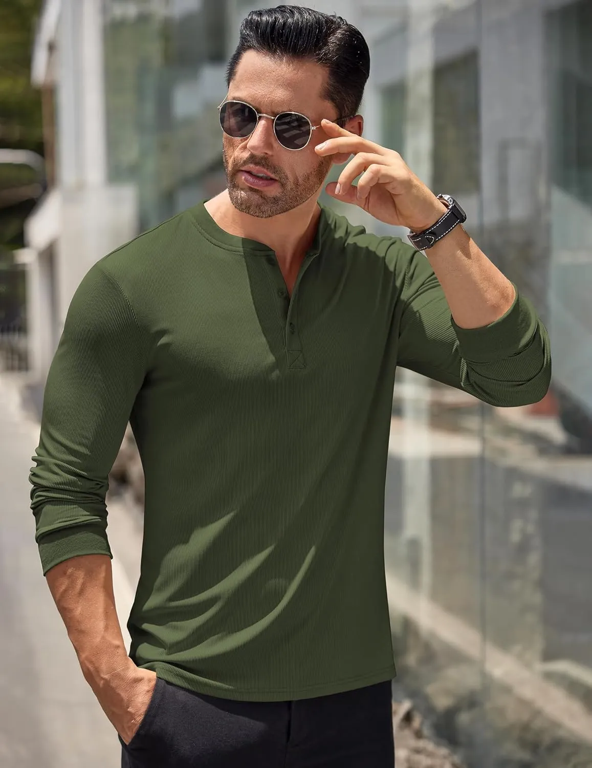 COOFANDY Men's Long Sleeve Henley Shirts Stretch Ribbed T-Shirts Fashion Casual Basic Tops