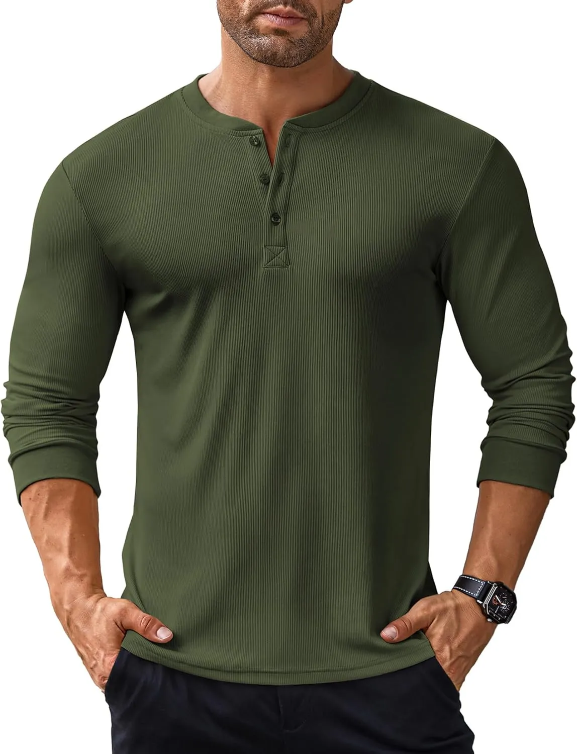 COOFANDY Men's Long Sleeve Henley Shirts Stretch Ribbed T-Shirts Fashion Casual Basic Tops