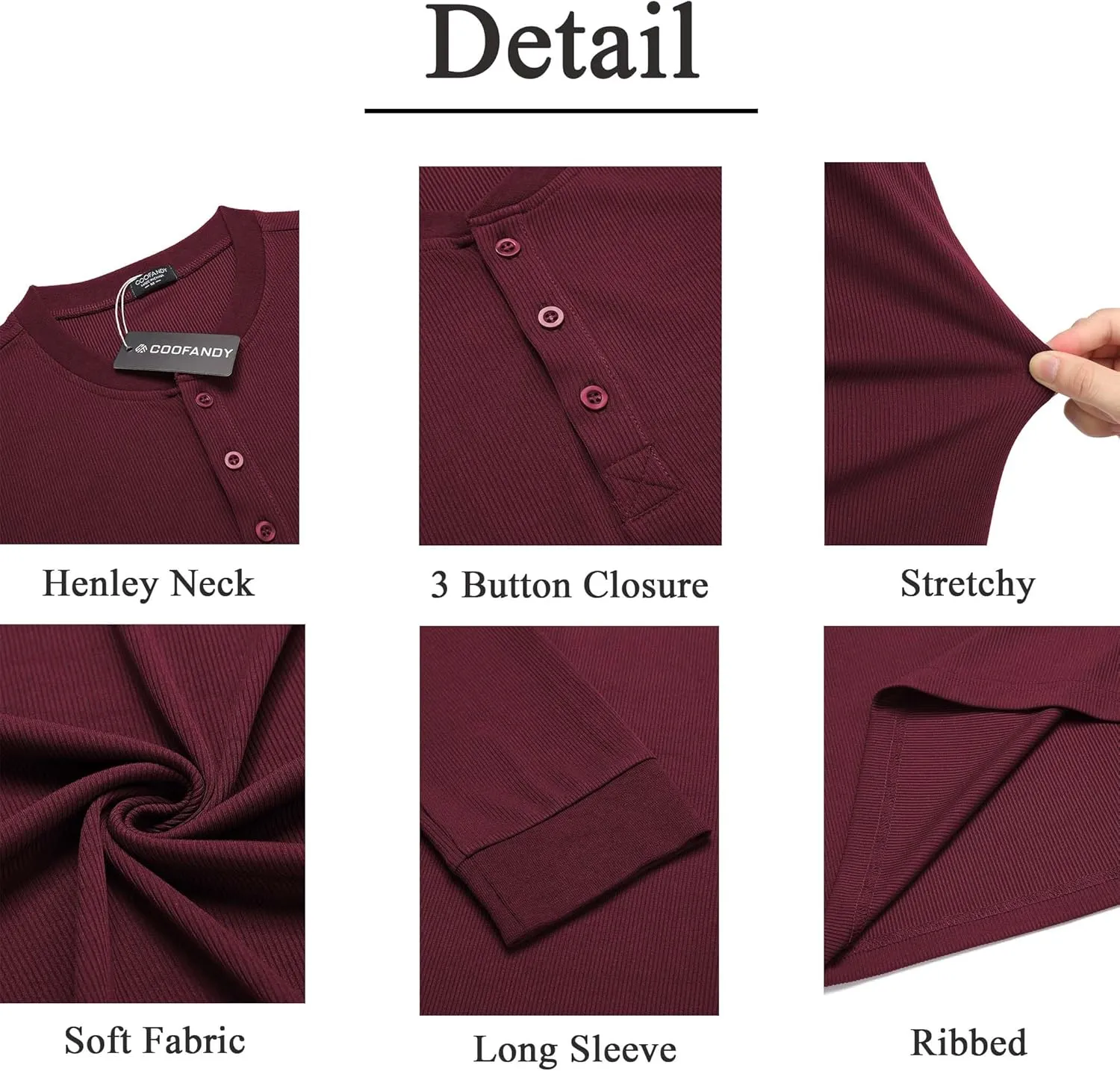 COOFANDY Men's Long Sleeve Henley Shirts Stretch Ribbed T-Shirts Fashion Casual Basic Tops
