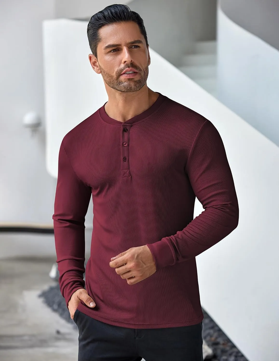COOFANDY Men's Long Sleeve Henley Shirts Stretch Ribbed T-Shirts Fashion Casual Basic Tops