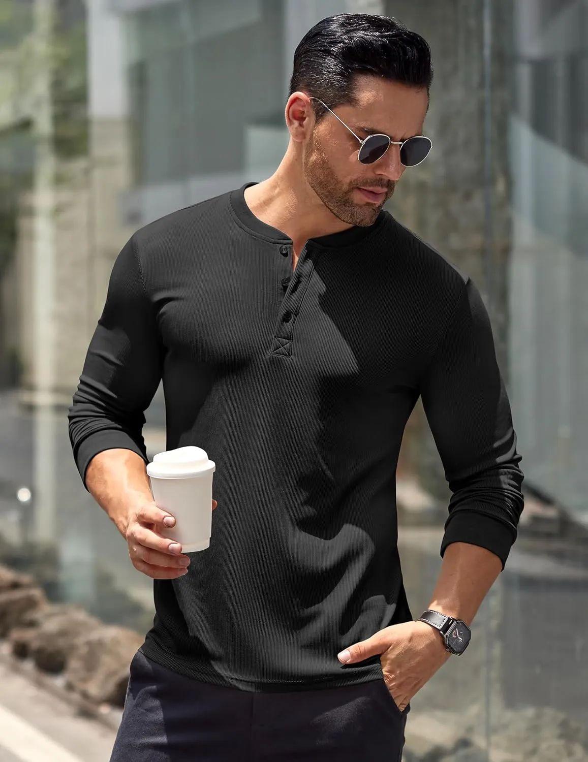 COOFANDY Men's Long Sleeve Henley Shirts Stretch Ribbed T-Shirts Fashion Casual Basic Tops