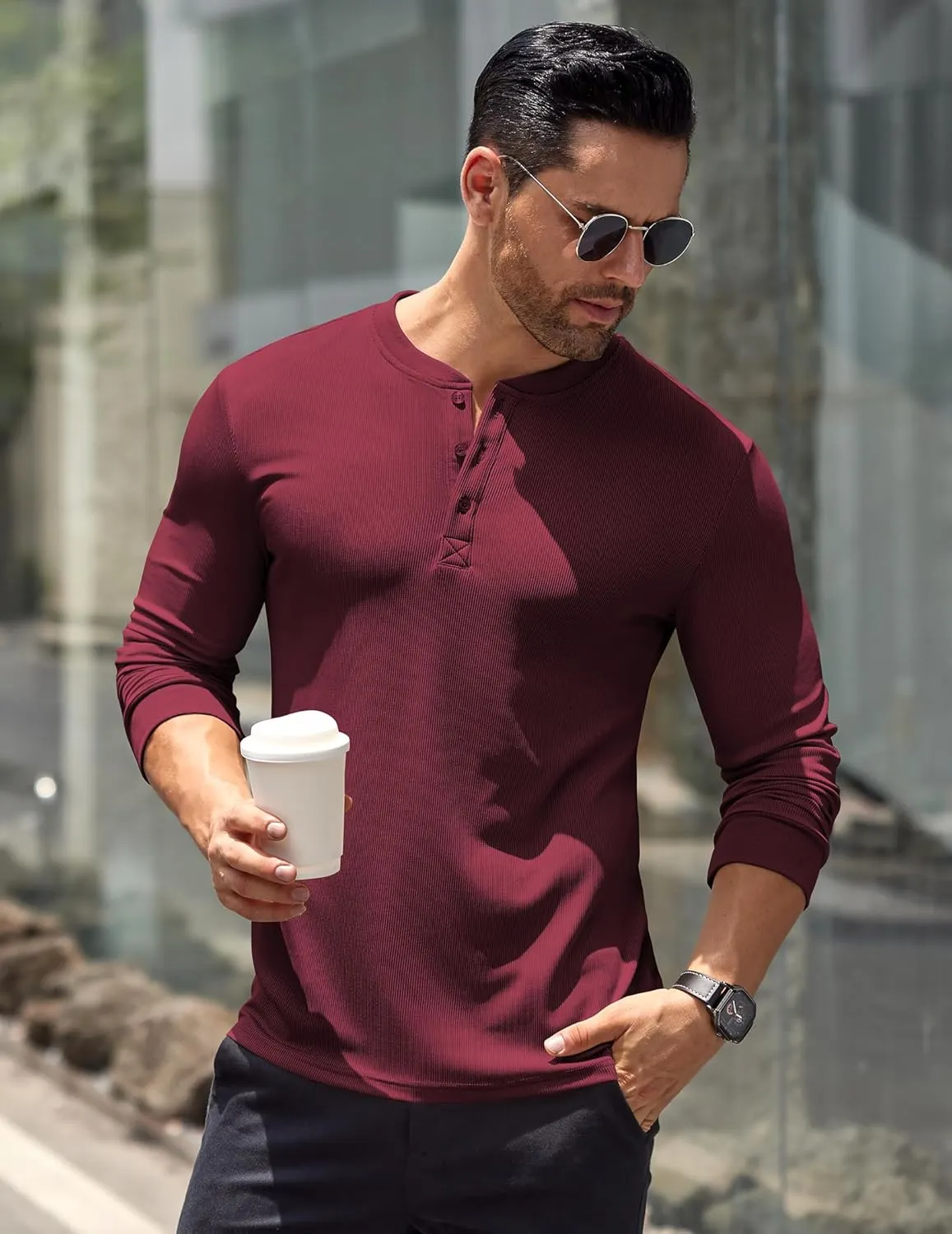COOFANDY Men's Long Sleeve Henley Shirts Stretch Ribbed T-Shirts Fashion Casual Basic Tops