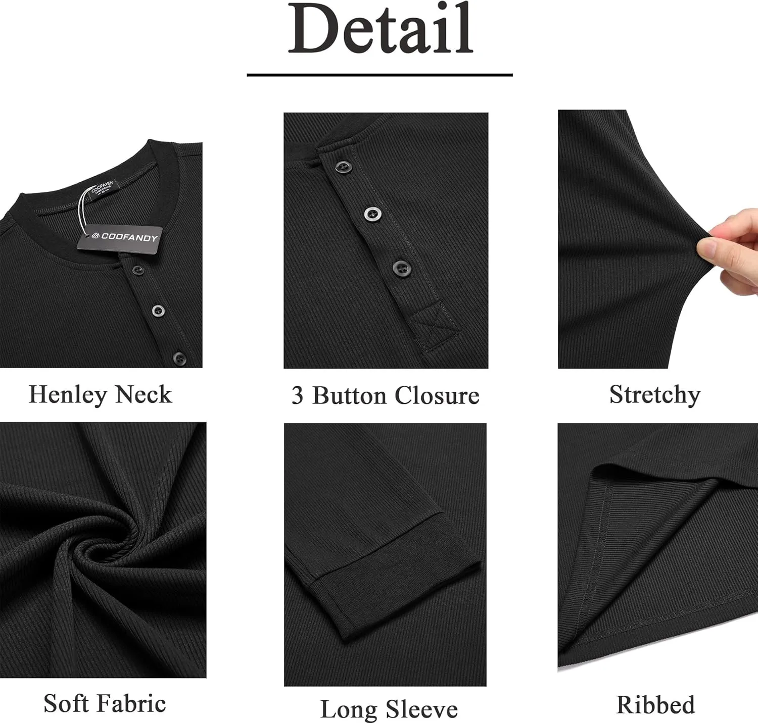 COOFANDY Men's Long Sleeve Henley Shirts Stretch Ribbed T-Shirts Fashion Casual Basic Tops