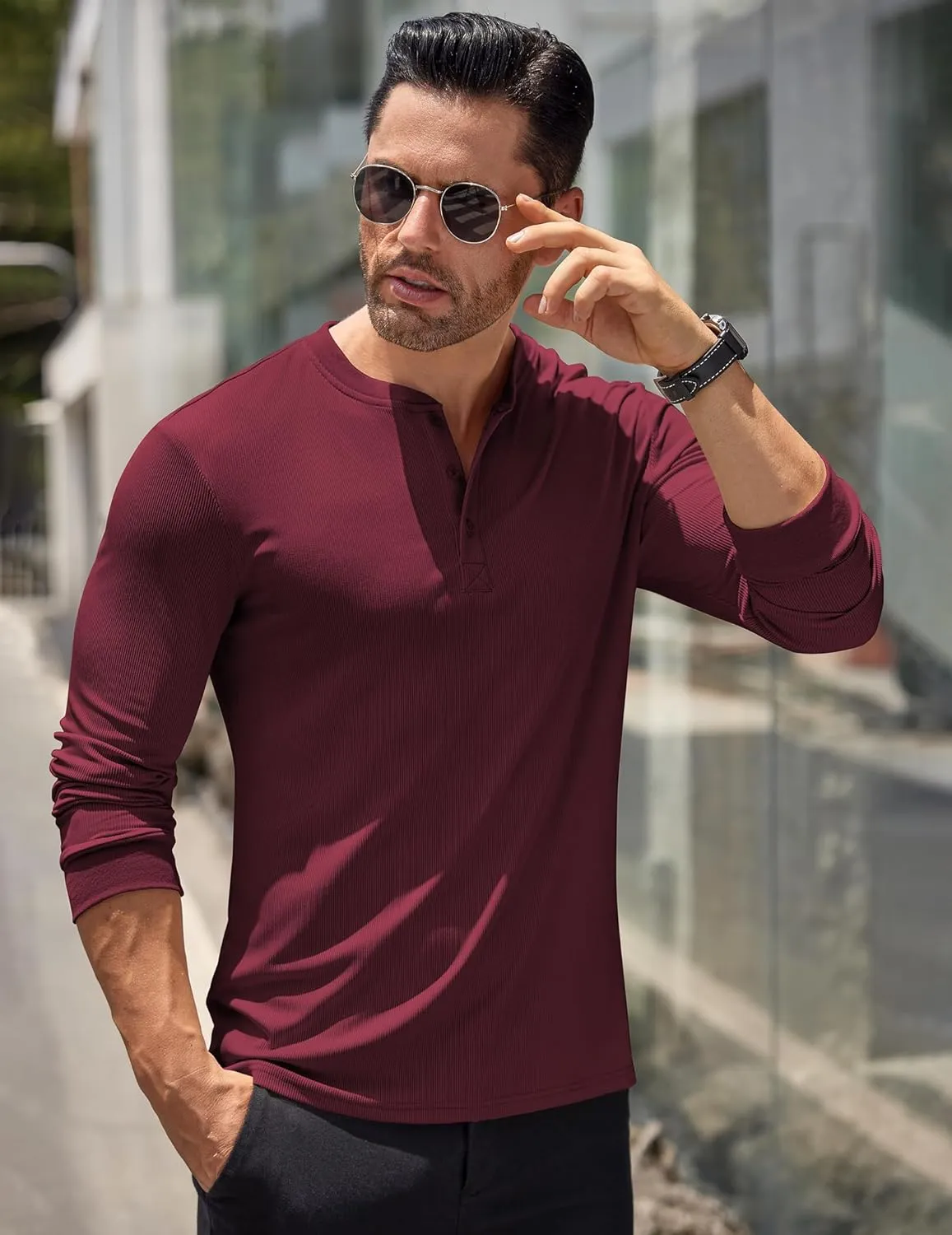 COOFANDY Men's Long Sleeve Henley Shirts Stretch Ribbed T-Shirts Fashion Casual Basic Tops