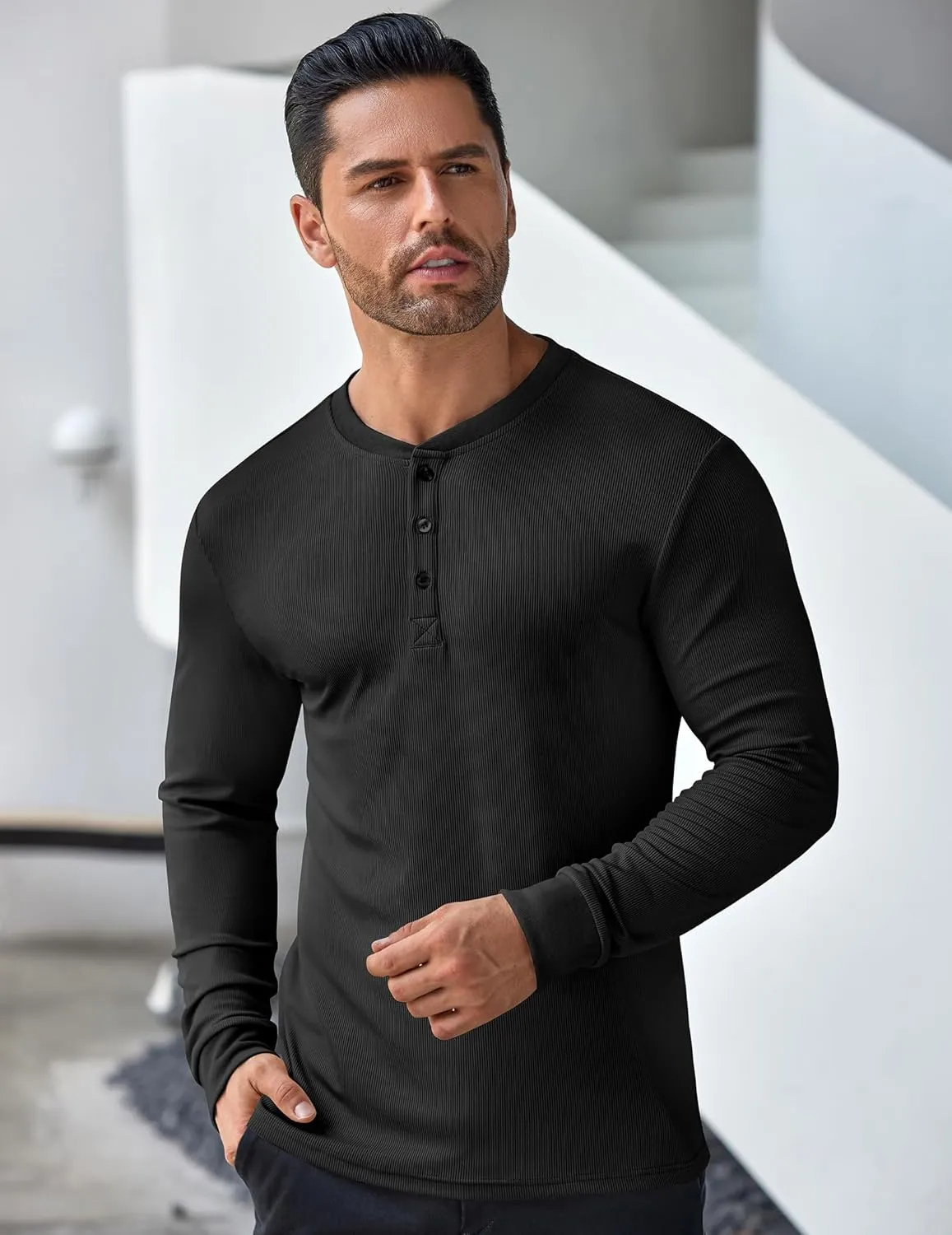 COOFANDY Men's Long Sleeve Henley Shirts Stretch Ribbed T-Shirts Fashion Casual Basic Tops