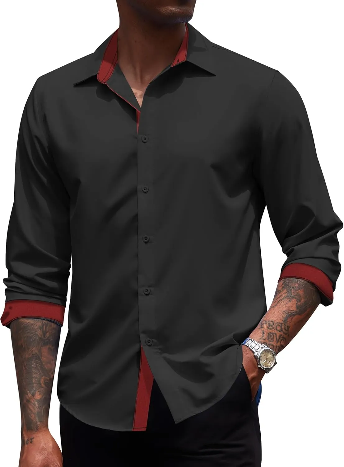 COOFANDY Men's Long Sleeve Wrinkle Free Dress Shirts Inner Contrast Business Casual Button Down Shirt