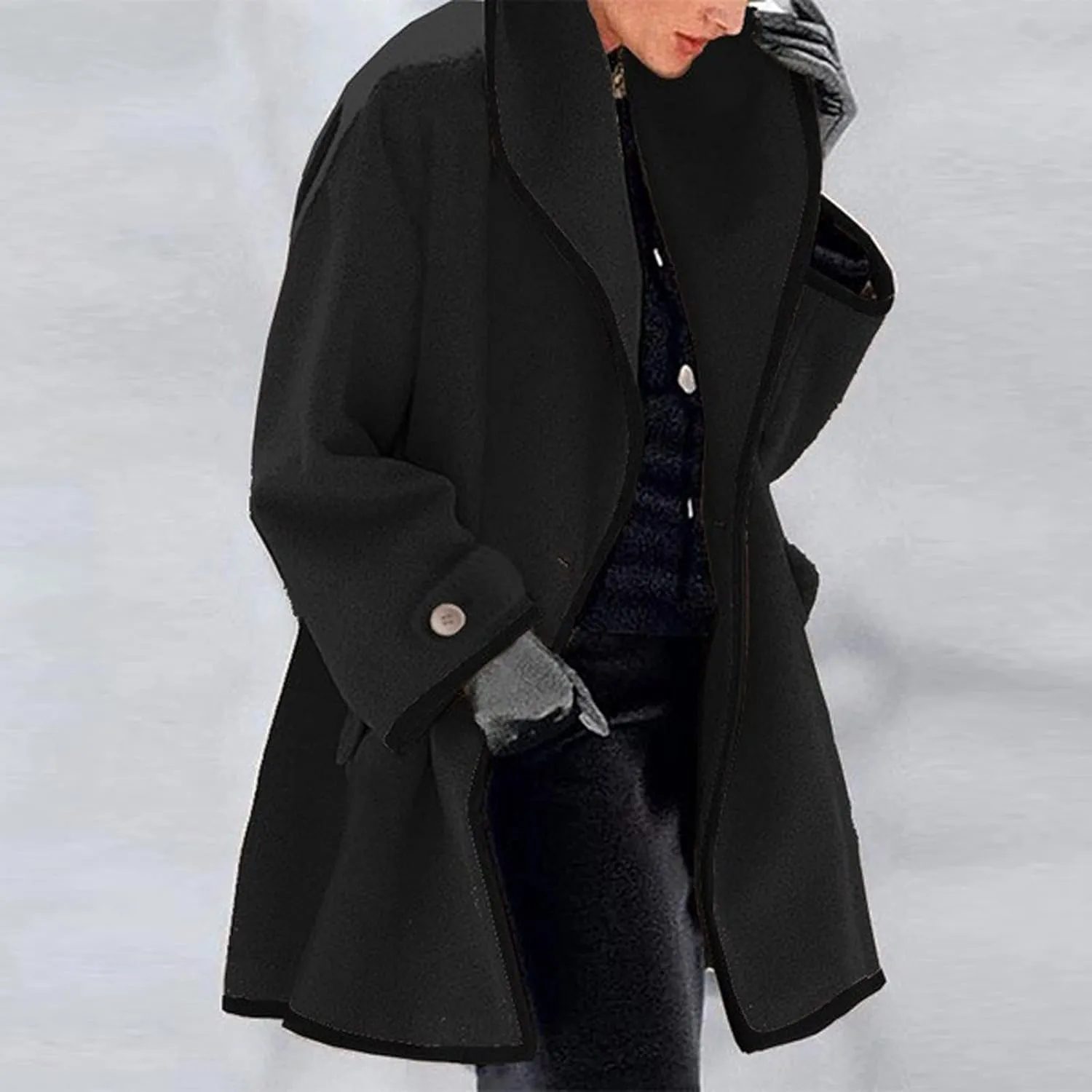 cooki Trench Coat for Women 2023 Hooded Woolen Long Sleeve Loose Pea Coat Lapel Windproof Winter Warm Fleece Jackets Overcoat