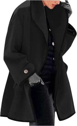 cooki Trench Coat for Women 2023 Hooded Woolen Long Sleeve Loose Pea Coat Lapel Windproof Winter Warm Fleece Jackets Overcoat