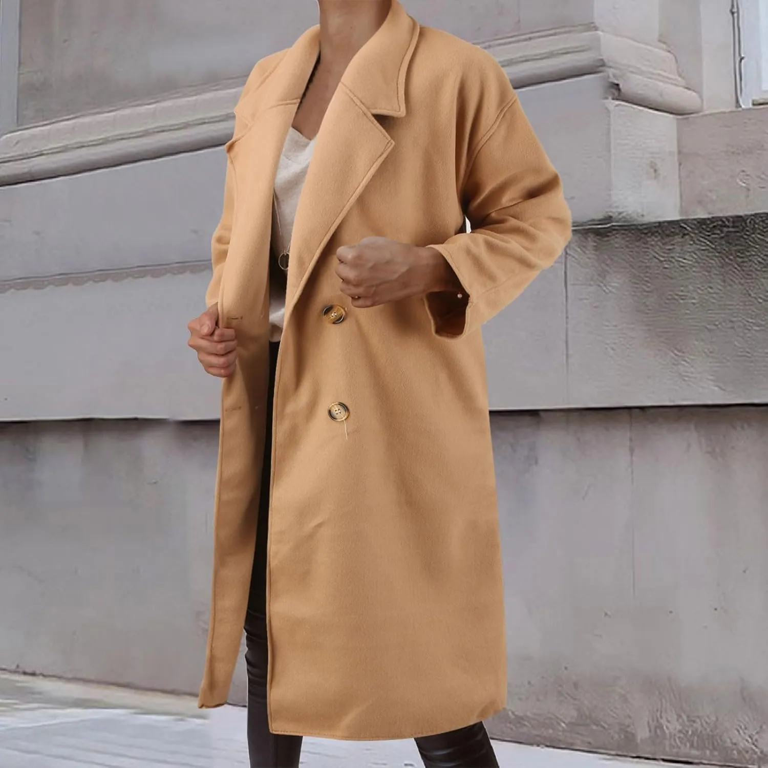 cooki Trench Coat for Women 2023 Women Winter Wool Blend Camel Mid-Long Coat Notch Double-Breasted Lapel Jacket Warm Outwear