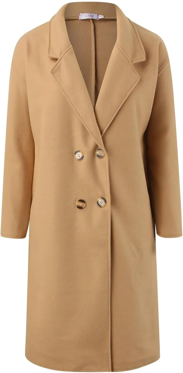 cooki Trench Coat for Women 2023 Women Winter Wool Blend Camel Mid-Long Coat Notch Double-Breasted Lapel Jacket Warm Outwear