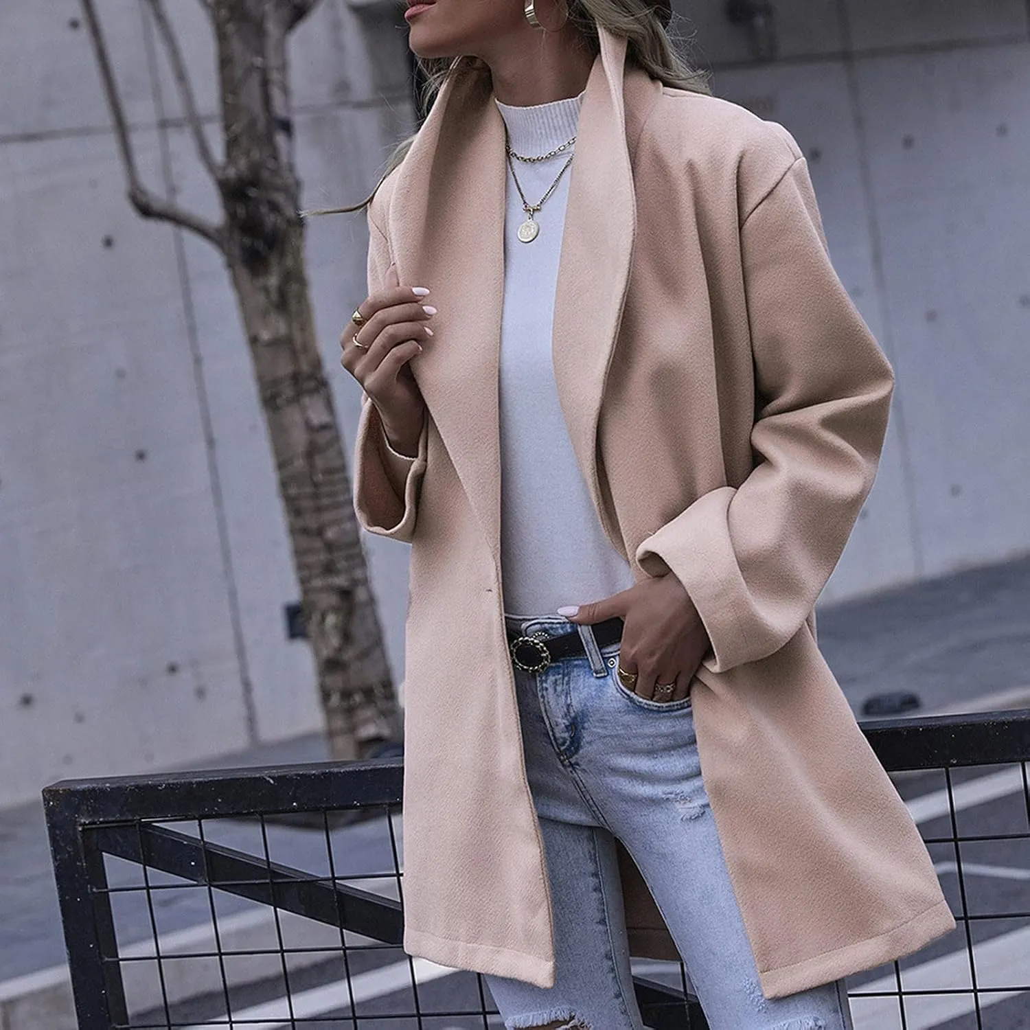 cooki Trench Coat for Women 2023 Women's Lapel Collar Pea Coats Open Front Belted Long Jacket Winter Warm Wool Blend Coats