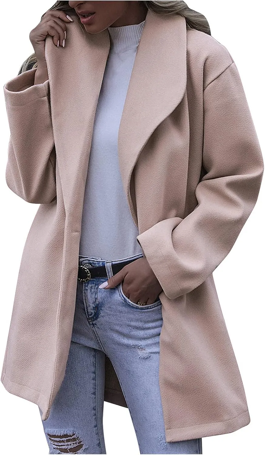 cooki Trench Coat for Women 2023 Women's Lapel Collar Pea Coats Open Front Belted Long Jacket Winter Warm Wool Blend Coats