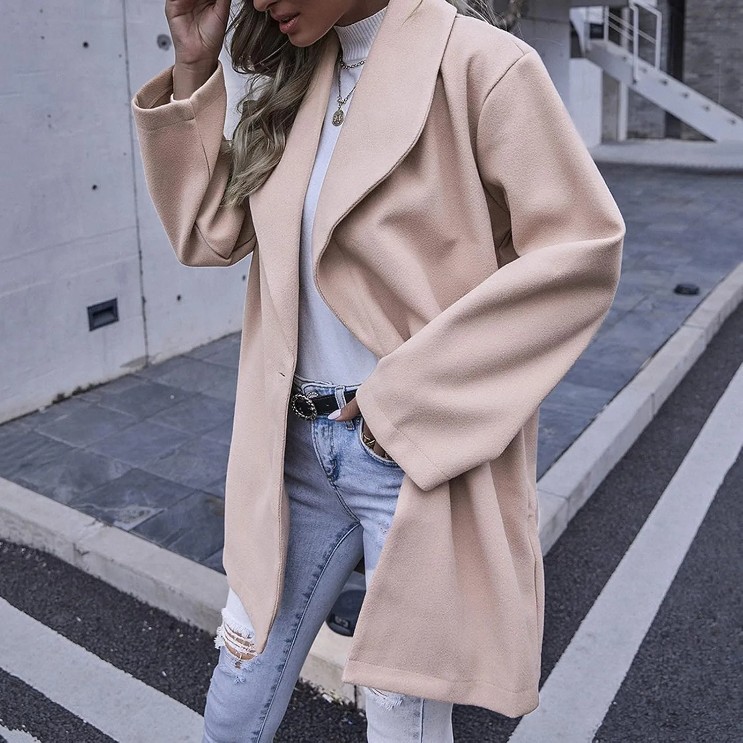 cooki Trench Coat for Women 2023 Women's Lapel Collar Pea Coats Open Front Belted Long Jacket Winter Warm Wool Blend Coats
