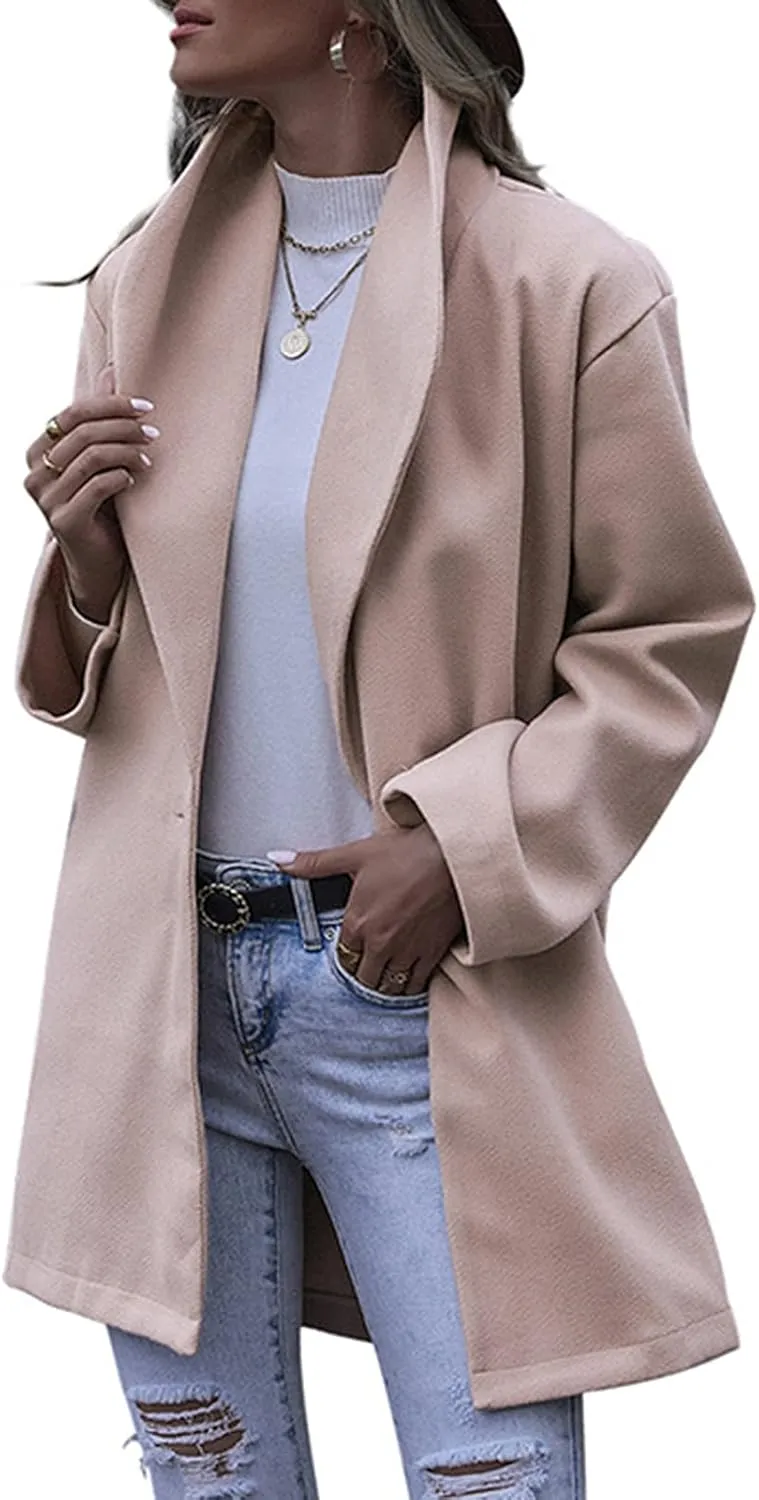 cooki Trench Coat for Women 2023 Women's Lapel Collar Pea Coats Open Front Belted Long Jacket Winter Warm Wool Blend Coats