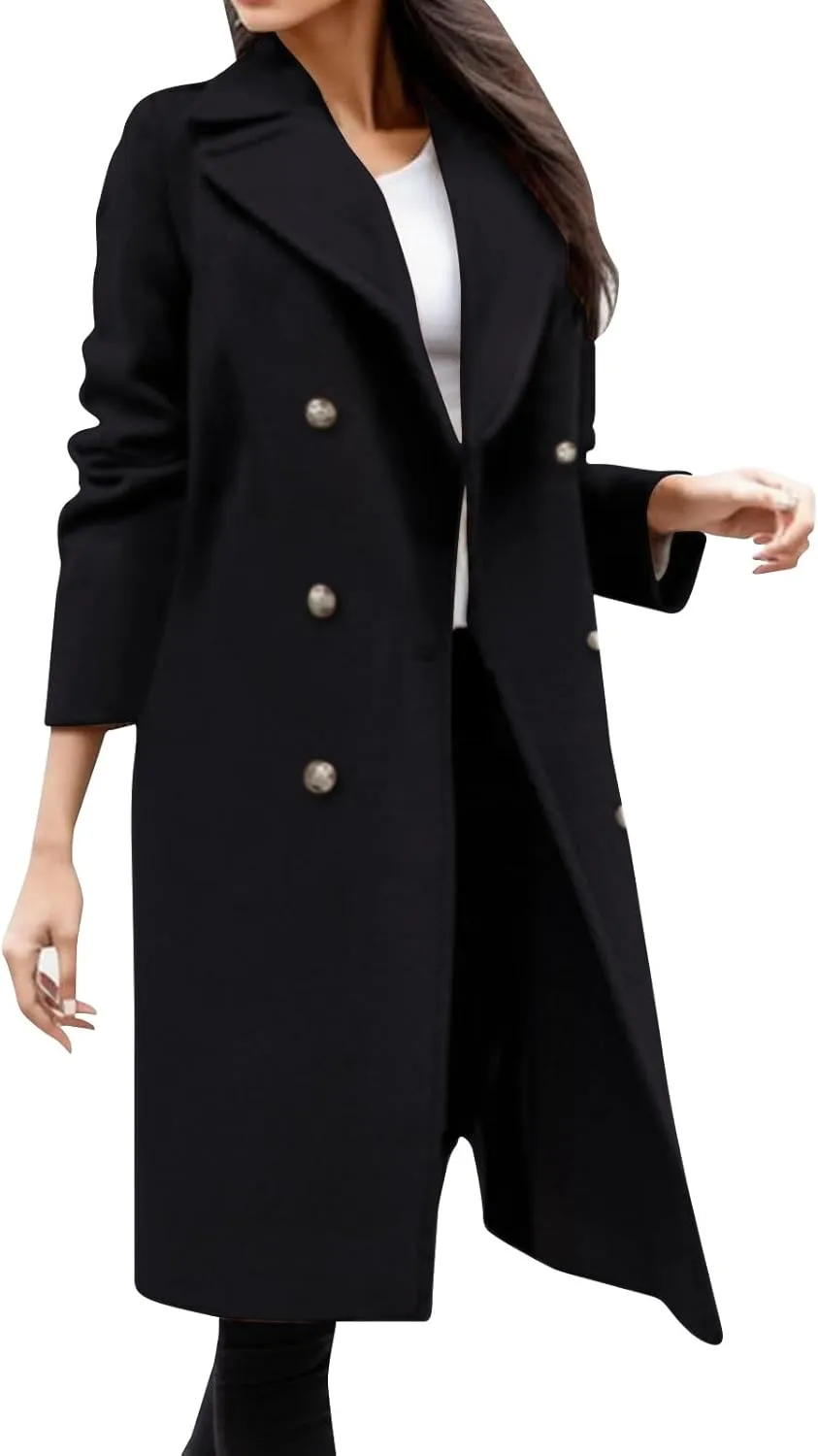 cooki Trench Coat for Women 2023 Women's Wool Trench Coats Warm Winter Pea Coat Double Breasted Mid-Long Lapel Fleece Jackets