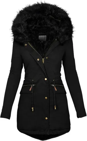 cooki Winter Coats for Women Fleece Lined Puffer Coat Women Long Down Coat Warm Parka Coat Fur Hooded Drawstring Overcoat