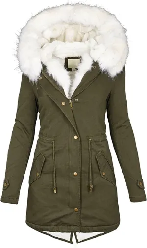 cooki Winter Coats for Women Fleece Lined Puffer Coat Women Long Down Coat Warm Parka Coat Fur Hooded Drawstring Overcoat