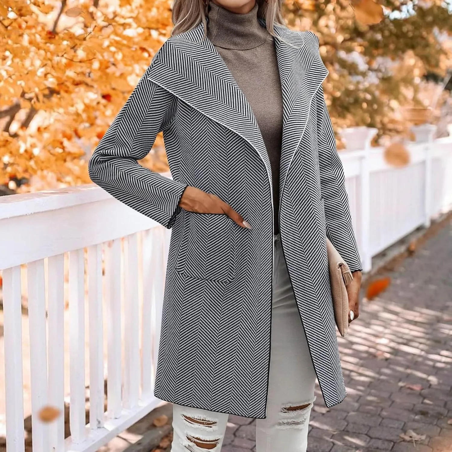 cooki Wool Coats for Women Long Women's Wool Coat Knee Length Blazer Jackets Winter Trench Coats Lapel Button Down Peacoats