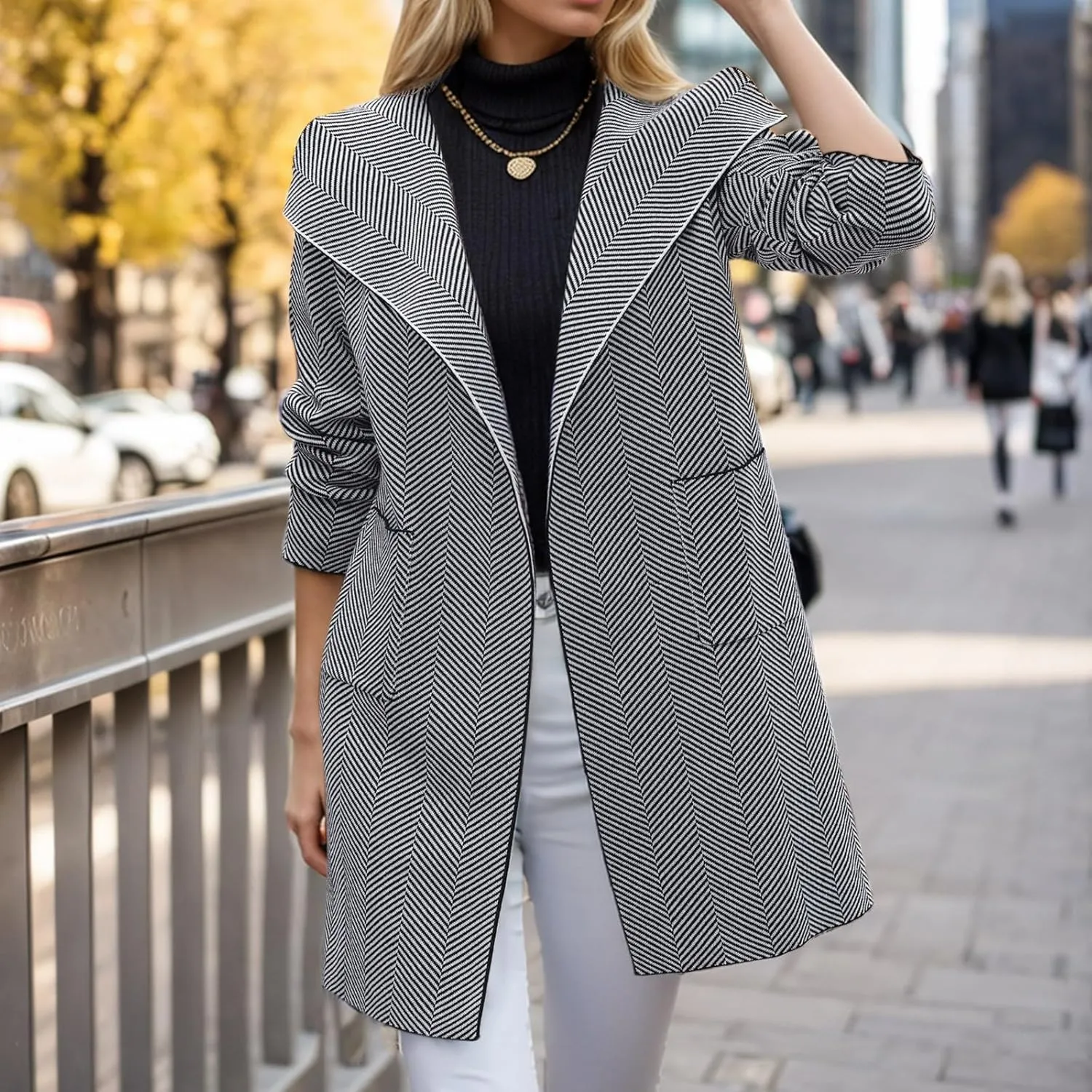 cooki Wool Coats for Women Long Women's Wool Coat Knee Length Blazer Jackets Winter Trench Coats Lapel Button Down Peacoats