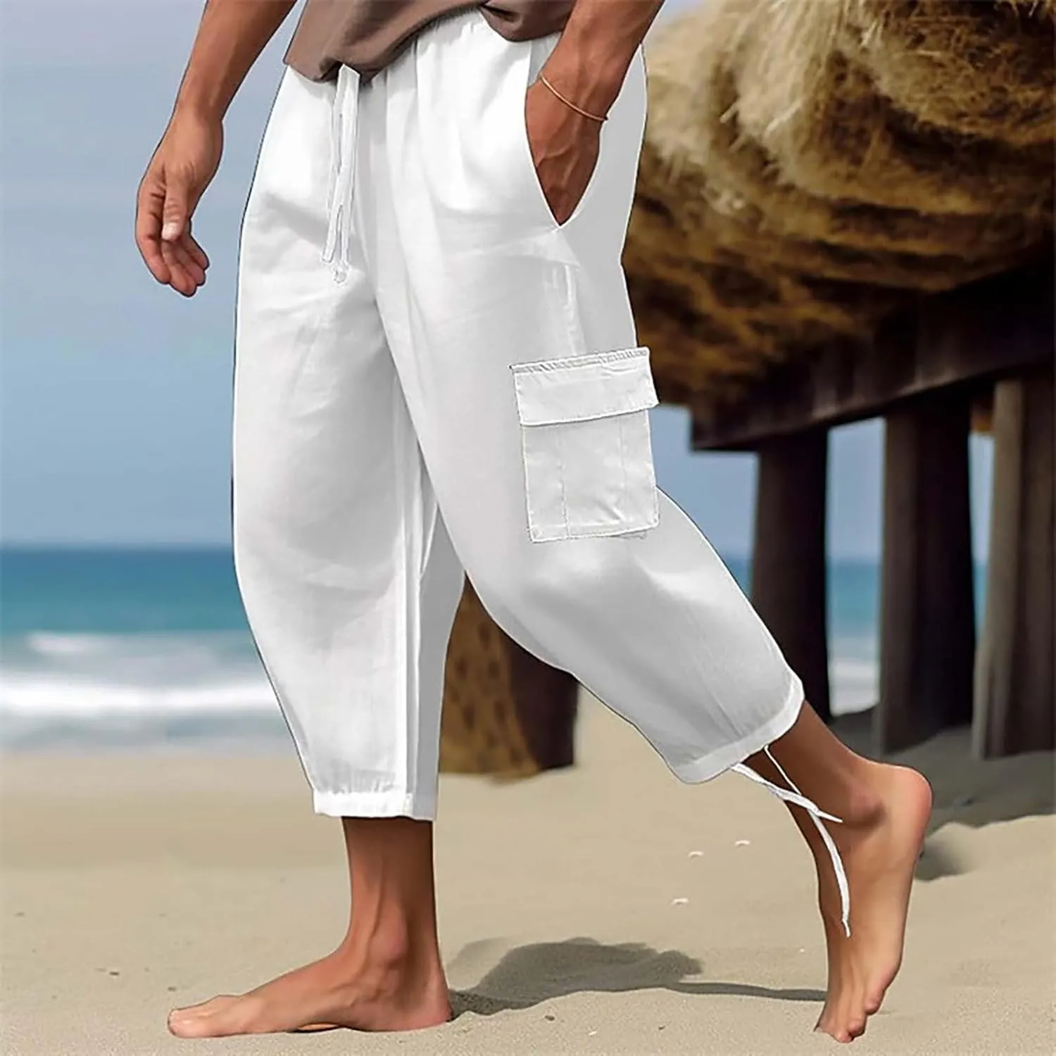 Cotton Linen Dress Pants for Men Casual Elastic Waist Summer Beach Pants Lightweight Breathable Yoga Vacation Trouser