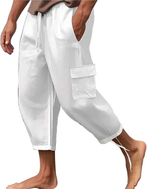 Cotton Linen Dress Pants for Men Casual Elastic Waist Summer Beach Pants Lightweight Breathable Yoga Vacation Trouser