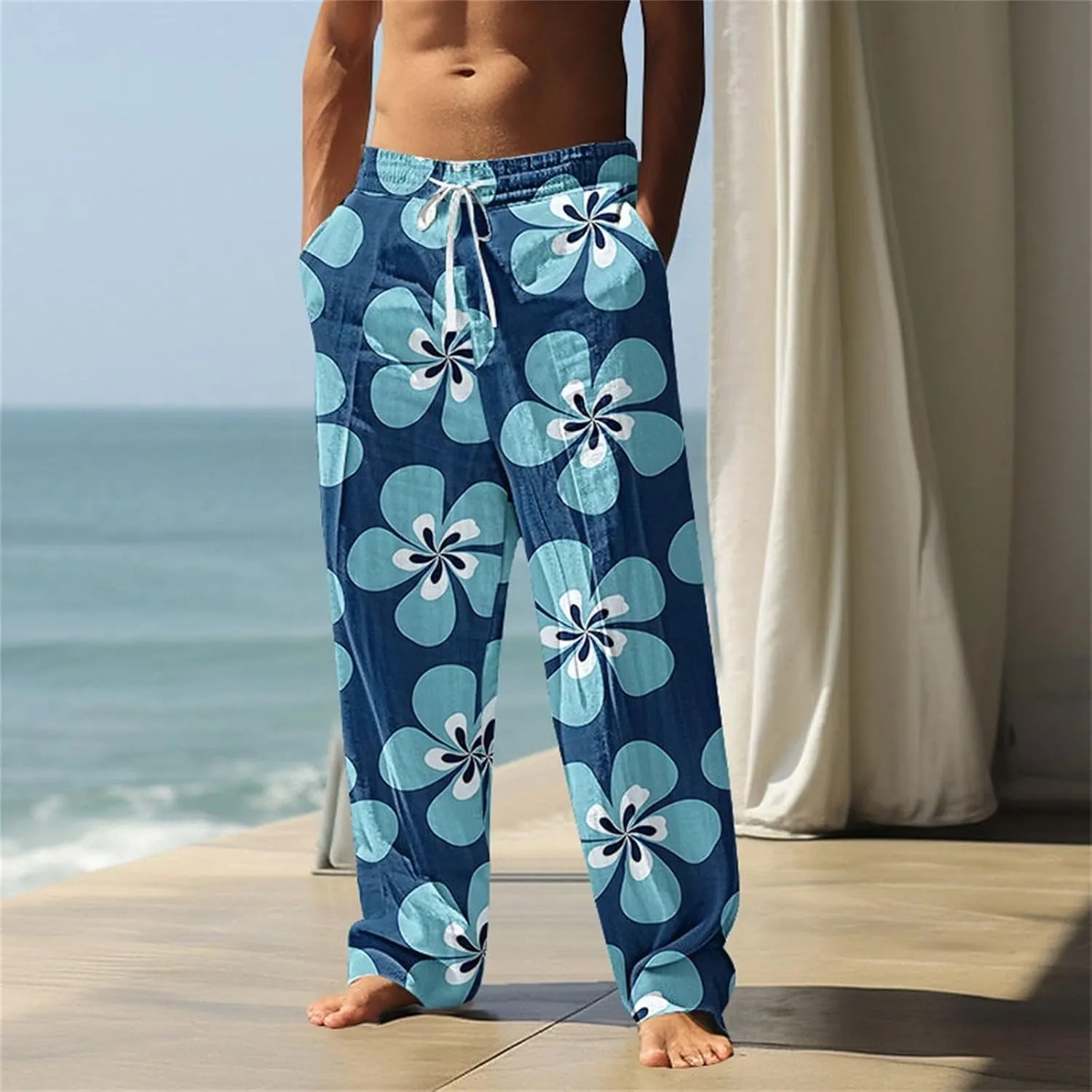 Cotton Linen Pants for Men Casual Palm Tree Print Wide Leg Yoga Beach Pants Loose Fit Lightweight Summer Trousers