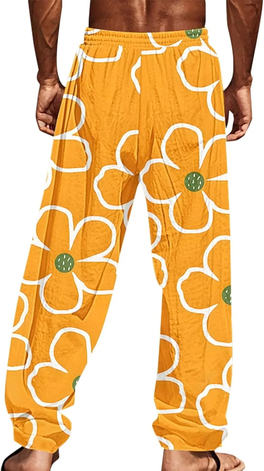 Cotton Linen Pants for Men Casual Palm Tree Print Wide Leg Yoga Beach Pants Loose Fit Lightweight Summer Trousers