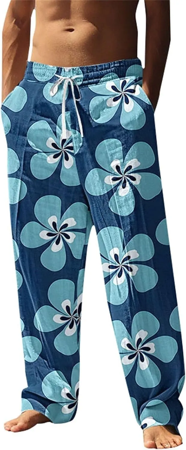 Cotton Linen Pants for Men Casual Palm Tree Print Wide Leg Yoga Beach Pants Loose Fit Lightweight Summer Trousers