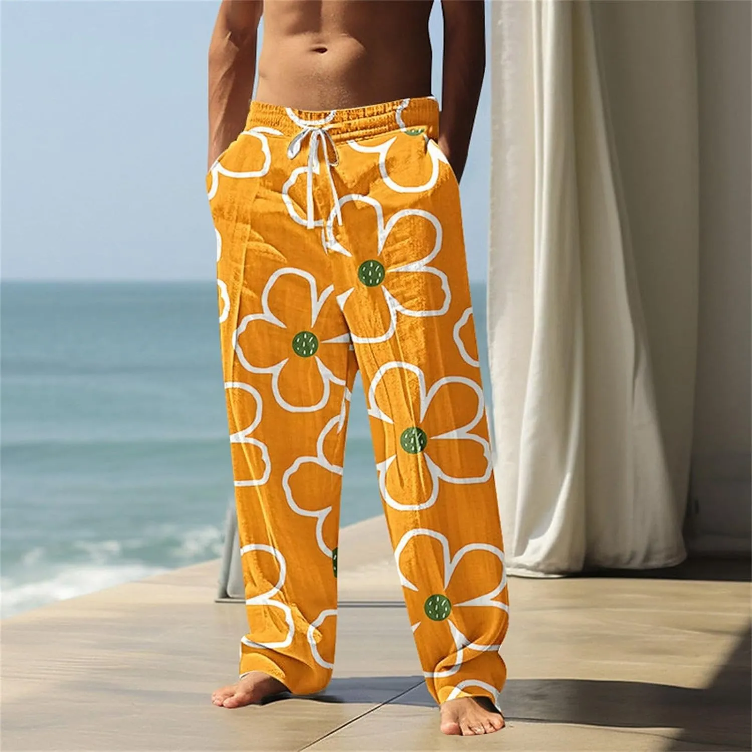Cotton Linen Pants for Men Casual Palm Tree Print Wide Leg Yoga Beach Pants Loose Fit Lightweight Summer Trousers