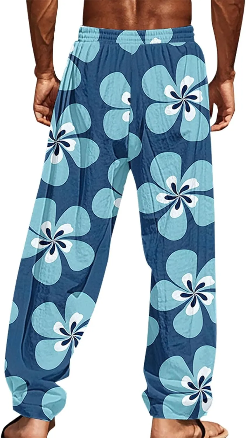 Cotton Linen Pants for Men Casual Palm Tree Print Wide Leg Yoga Beach Pants Loose Fit Lightweight Summer Trousers
