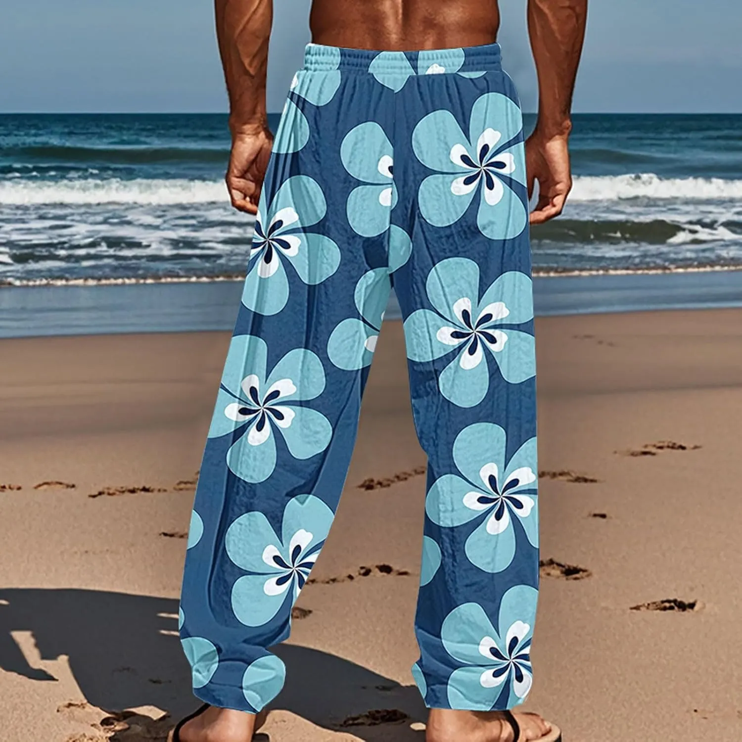 Cotton Linen Pants for Men Casual Palm Tree Print Wide Leg Yoga Beach Pants Loose Fit Lightweight Summer Trousers