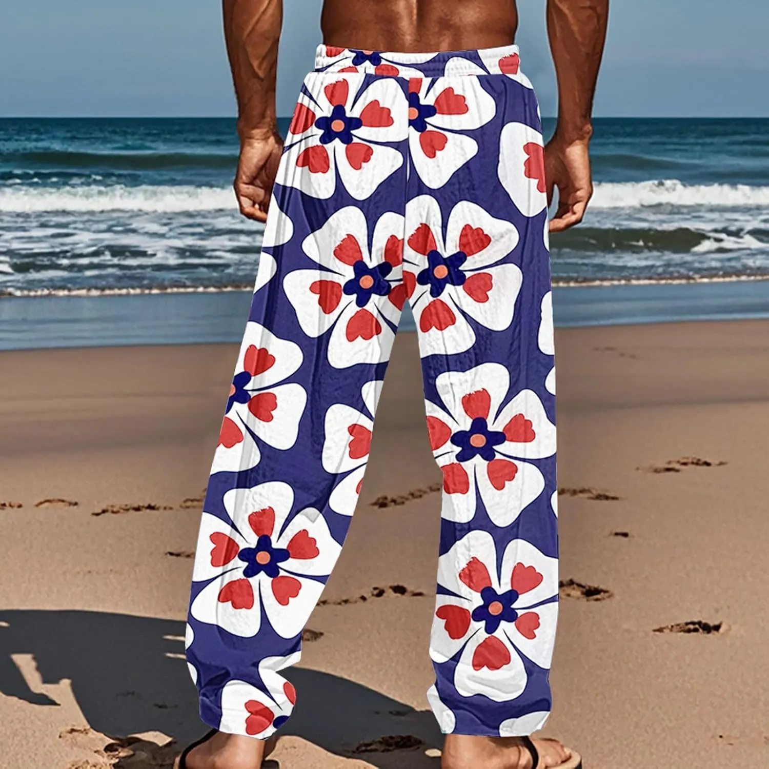 Cotton Linen Pants for Men Casual Palm Tree Print Wide Leg Yoga Beach Pants Loose Fit Lightweight Summer Trousers